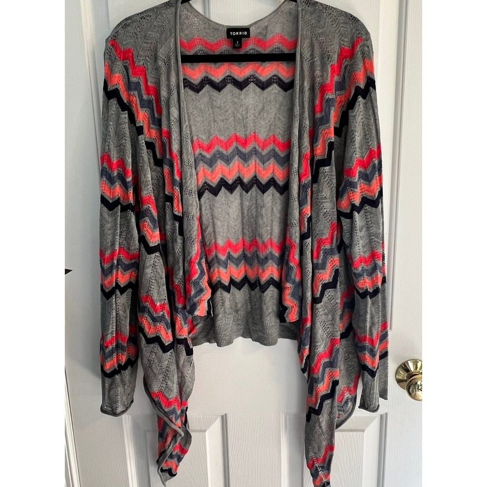 Torrid 3 (22-24) Flowy Waterfall Front Cardigan Pointelle Chevron ZigZag Flowy